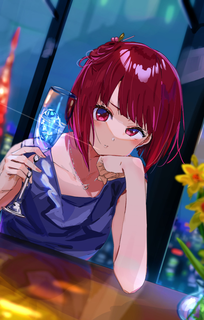 1girl arima_kana blue_dress blurry blush bob_cut champagne_flute clenched_hand collarbone commentary cup depth_of_field dress drink drinking_glass elbow_on_table flower formal funi_mu9 hair_ornament hairpin hand_on_own_cheek hand_on_own_face highres holding holding_cup inverted_bob jewelry medium_hair necklace night oshi_no_ko red_eyes red_hair solo vase window