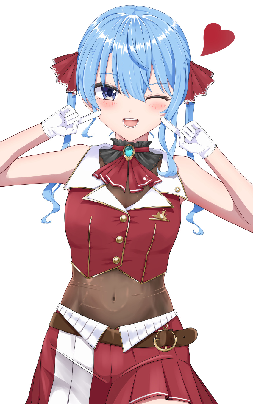 1girl absurdres belt black_choker blue_eyes blue_hair blush breasts brown_belt choker cosplay covered_navel cropped_jacket finger_to_cheek frilled_choker frills gloves hair_ribbon heart highres hiiragi_melt hololive hoshimachi_suisei houshou_marine houshou_marine_(1st_costume) houshou_marine_(cosplay) jacket leather_belt leotard leotard_under_clothes long_hair miniskirt one_eye_closed pleated_skirt red_jacket red_ribbon red_skirt ribbon skirt sleeveless sleeveless_jacket small_breasts smile star_(symbol) star_in_eye symbol_in_eye twintails virtual_youtuber white_background white_gloves