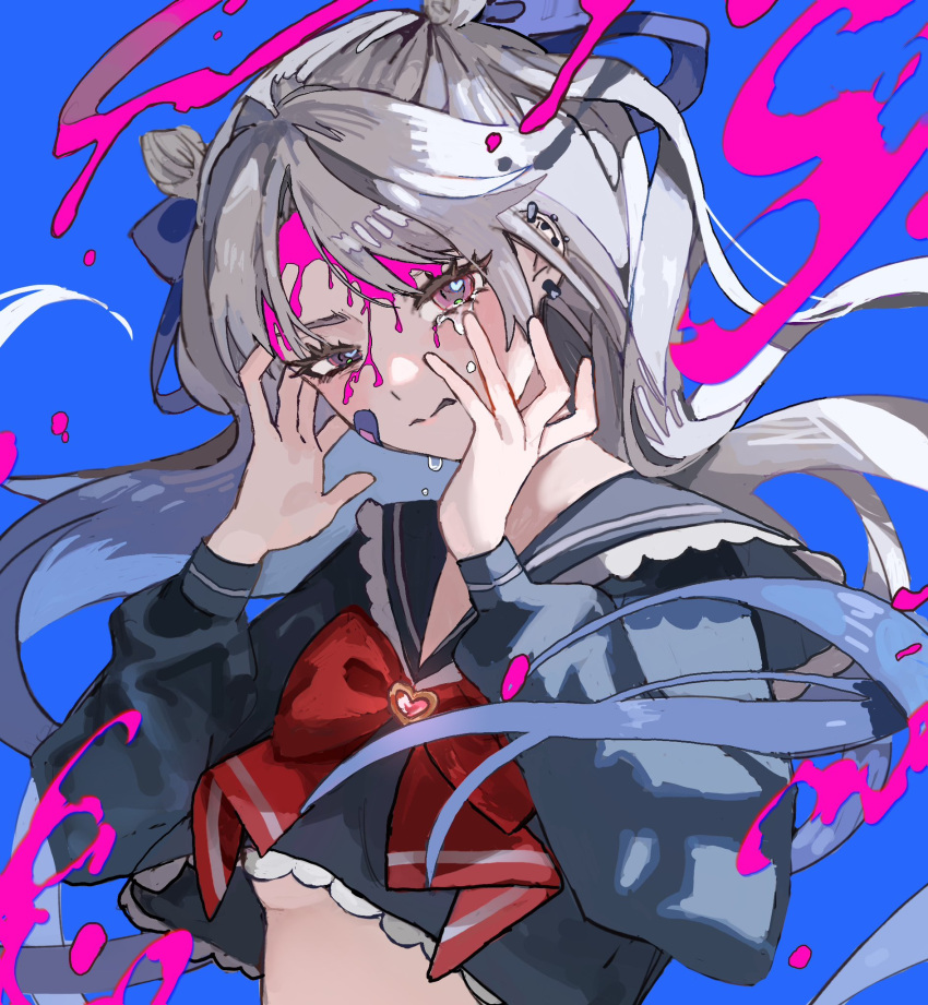 1girl bandaid bandaid_on_cheek bandaid_on_face blood blood_on_face blue_background blue_bow blue_sailor_collar blue_shirt blush bow bowtie breasts brooch cropped_shirt crying crying_with_eyes_open double_bun ear_piercing frilled_sailor_collar frills grey_hair hair_bow hair_bun hands_on_own_cheeks hands_on_own_face head_tilt heart heart_brooch highres inu_totemo jewelry long_hair long_sleeves looking_at_viewer original parted_bangs parted_lips piercing pink_blood pink_eyes puffy_long_sleeves puffy_sleeves red_bow red_bowtie sailor_collar school_uniform serafuku shirt sidelocks simple_background sleeve_cuffs small_breasts solo stomach tears