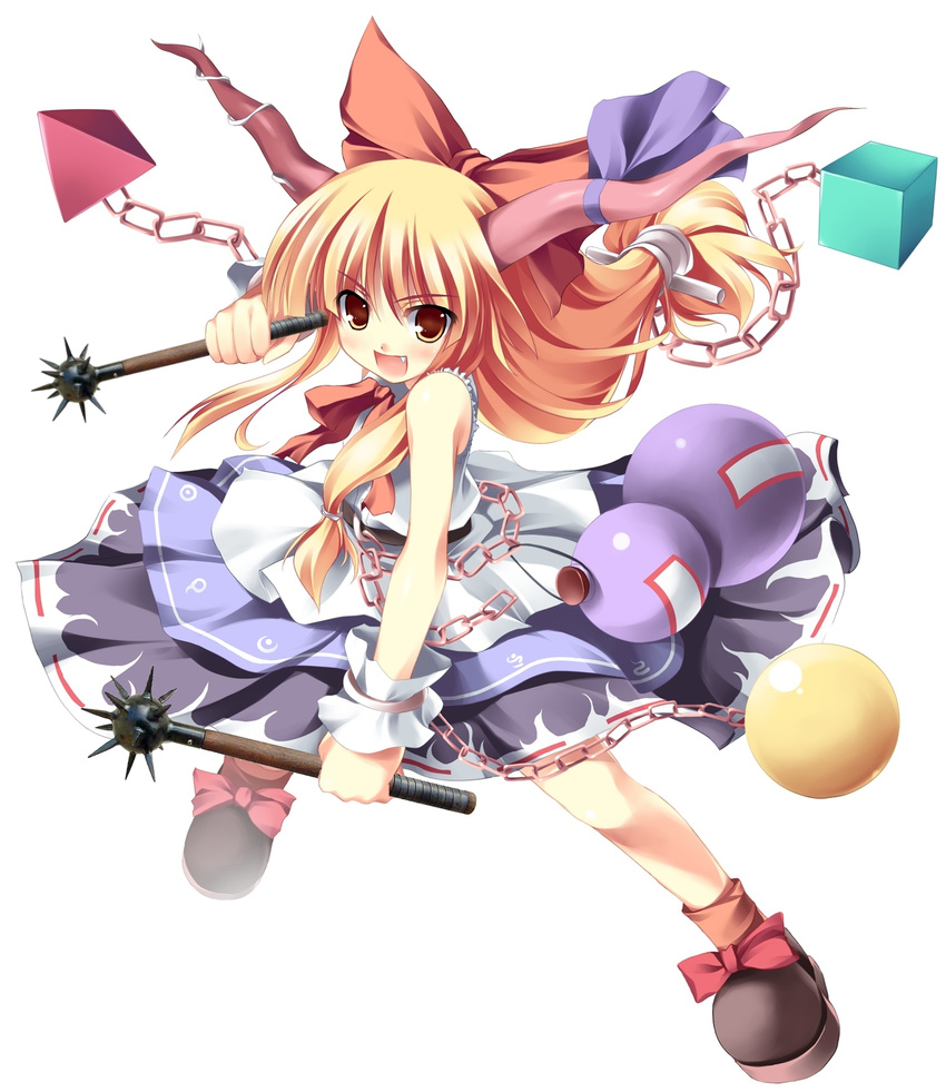 :d ball bangs bare_shoulders black_footwear blunt_bangs bow brown_legwear chain cube dress fang gourd hair_bow highres horn_ribbon horns ibuki_suika long_hair looking_at_viewer low-tied_long_hair neck_ribbon open_mouth orange_eyes orange_hair purple_ribbon pyramid red_bow red_ribbon ribbon shirt shoe_bow shoes simple_background skirt skirt_set sleeveless sleeveless_shirt smile socks solo source_request tateha_(marvelous_grace) touhou v-shaped_eyebrows white_background wrist_cuffs yellow_eyes