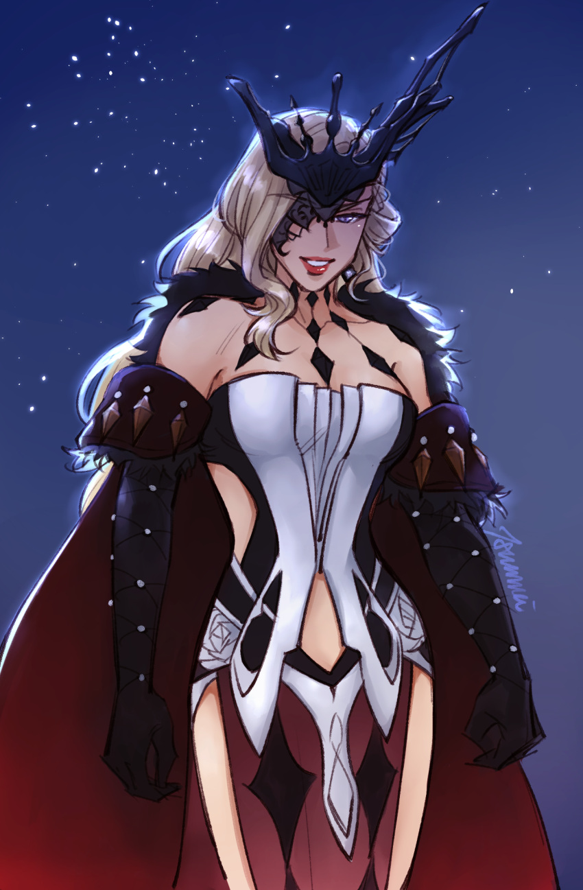 1girl bare_shoulders blonde_hair blue_eyes breasts cape cleavage collarbone cowboy_shot dress earrings genshin_impact gloves highres jewelry mask mask_over_one_eye pelvic_curtain red_cape red_lips signora_(genshin_impact) smile smug solo starry_background strapless strapless_dress tsuumei