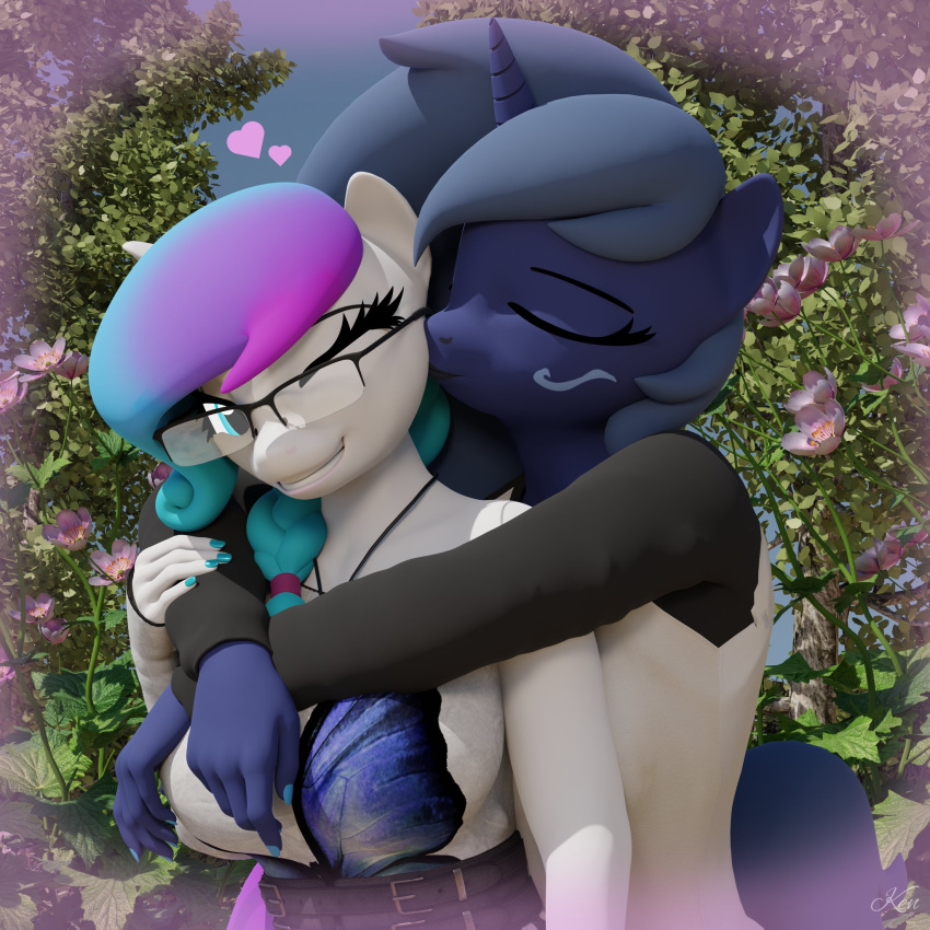 &lt;3 3d_(artwork) anthro aurora_starling blue_eyes blue_hair braided_hair braided_ponytail clothing digital_media_(artwork) earth_pony embrace equid equine eyewear fan_character glasses hair hasbro hi_res horn horse hug hugging_from_behind kenaga kissing mammal midnight_music my_little_pony pony ponytail unicorn