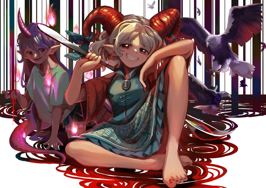 2girls absurdres animal bird blue_dress blue_ribbon curled_horns dress eagle eagle_spirit_(touhou) earrings frilled_dress frills green_shirt green_shorts grey_hair grin highres holding holding_spoon horn_ornament horn_ribbon horns jewelry long_hair matsukuzu multiple_girls open_mouth pointy_ears purple_hair red_eyes red_horns red_sleeves red_tail ribbon sharp_teeth sheep_horns shirt short_hair short_sleeves shorts single_horn smile spoon teeth tenkajin_chiyari touhou toutetsu_yuuma