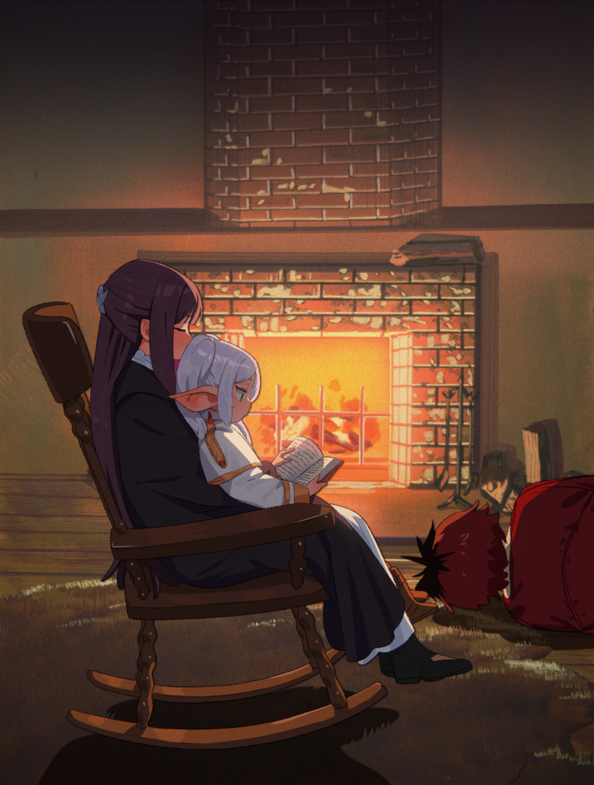 1boy 2girls black_coat black_hair black_robe blunt_bangs book capelet chair coat collar commentary_request elf fern_(sousou_no_frieren) fire fireplace fireplace_tool_stand firewood frieren frilled_collar frills green_eyes highres holding holding_book long_hair multicolored_hair multiple_girls on_chair on_floor pointy_ears purple_hair reading red_hair robe rocking_chair ryusei_hashida sitting sitting_on_lap sitting_on_person sousou_no_frieren stark_(sousou_no_frieren) straight_hair twintails two-tone_hair white_capelet white_hair