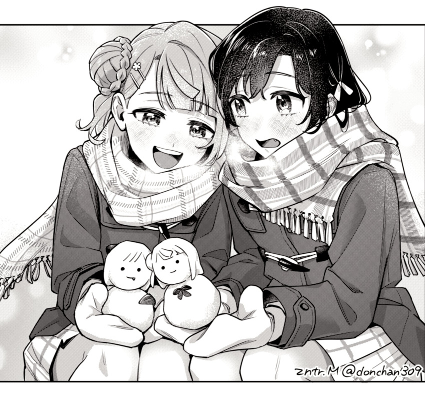 2girls blunt_bangs blush braid braided_bun coat fang greyscale hair_bun hair_ornament hair_ribbon hairclip highres holding_snowman long_sleeves looking_at_another love_live! love_live!_nijigasaki_high_school_idol_club matsugi_zuntaro medium_hair mifune_shioriko mittens monochrome multiple_girls open_mouth plaid plaid_scarf plaid_skirt ribbon scarf single_side_bun skirt snowman swept_bangs teeth uehara_ayumu upper_body upper_teeth_only winter_clothes winter_coat