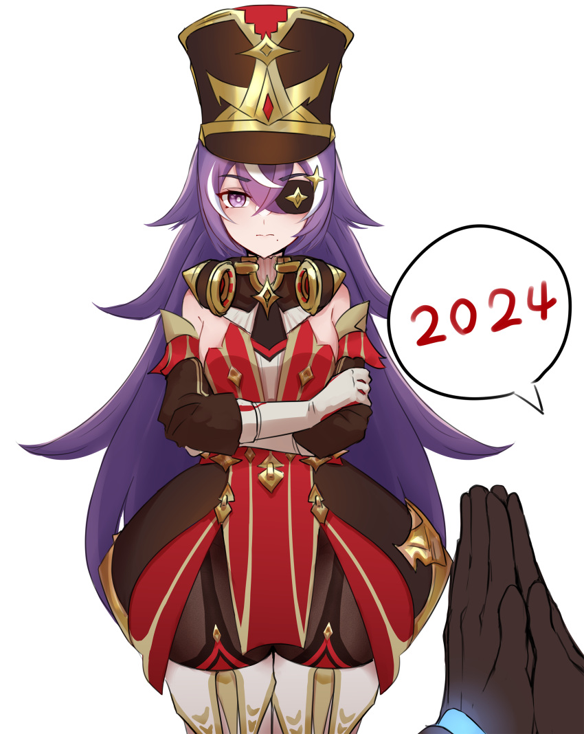 1boy 1girl absurdres aether_(genshin_impact) black_headwear chevreuse_(genshin_impact) commentary_request genshin_impact hat highres long_hair ok_sign purple_eyes purple_har shako_cap simple_background solo_focus very_long_hair wenzheng147 white_background