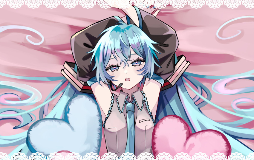 1girl :o armpits arms_behind_back arms_up between_breasts blue_eyes blue_hair blue_necktie breasts collared_shirt crossed_bangs doily frilled_shirt frills from_above grey_shirt hair_between_eyes hair_ornament hatsune_miku headset heart heart-shaped_pupils highres letterboxed long_hair looking_at_viewer looking_up lying microphone naguno-0713 necktie necktie_between_breasts on_back on_bed open_mouth shirt sidelocks sleeveless sleeveless_shirt small_breasts solo symbol-shaped_pupils twintails upper_body very_long_hair vocaloid