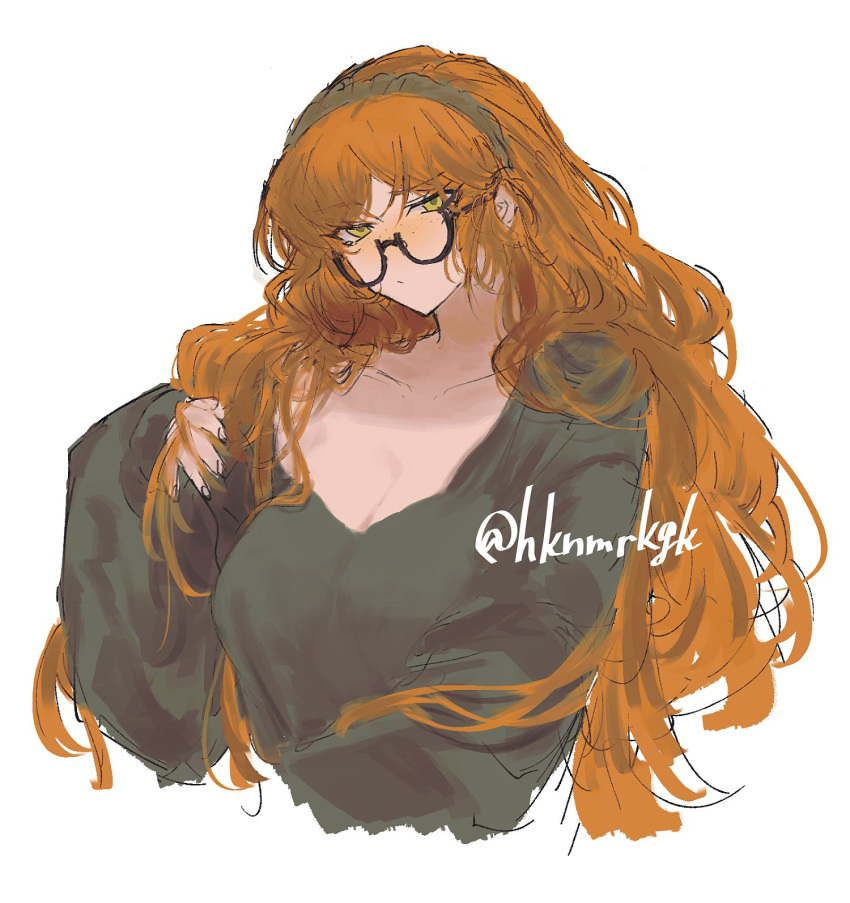 1girl alternate_breast_size black_sweater breasts brown_hairband collared_shirt freckles glasses green_eyes hairband hand_up highres huge_breasts ishmael_(project_moon) limbus_company long_hair orange_hair project_moon rope senichi shirt sidelocks simple_background solo sweater v-neck very_long_hair white_background