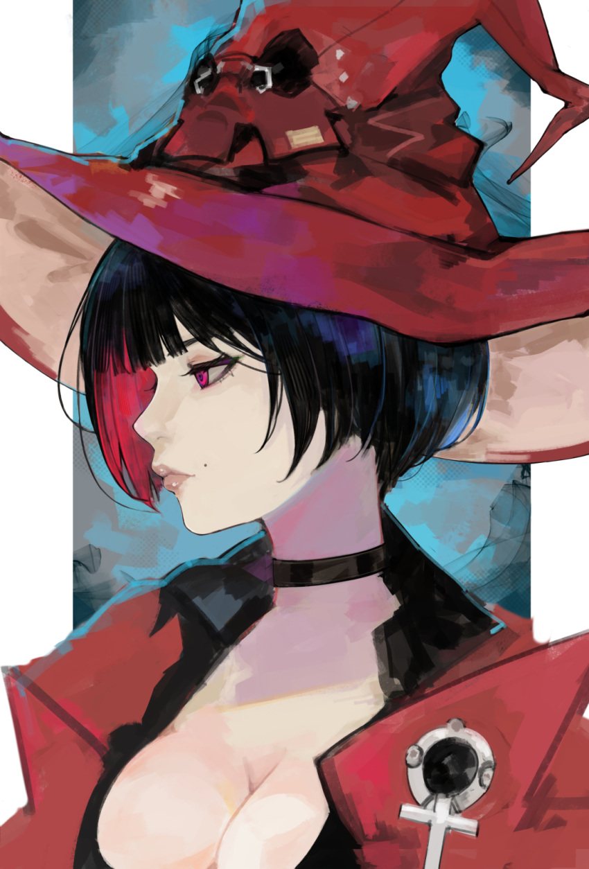 1girl black_choker black_hair breasts choker cleavage colored_inner_hair guilty_gear guilty_gear_strive hat highres i-no large_breasts levvellevvel looking_to_the_side mole mole_above_mouth multicolored_hair red_eyes red_hair red_headwear red_lips short_hair venus_symbol witch_hat