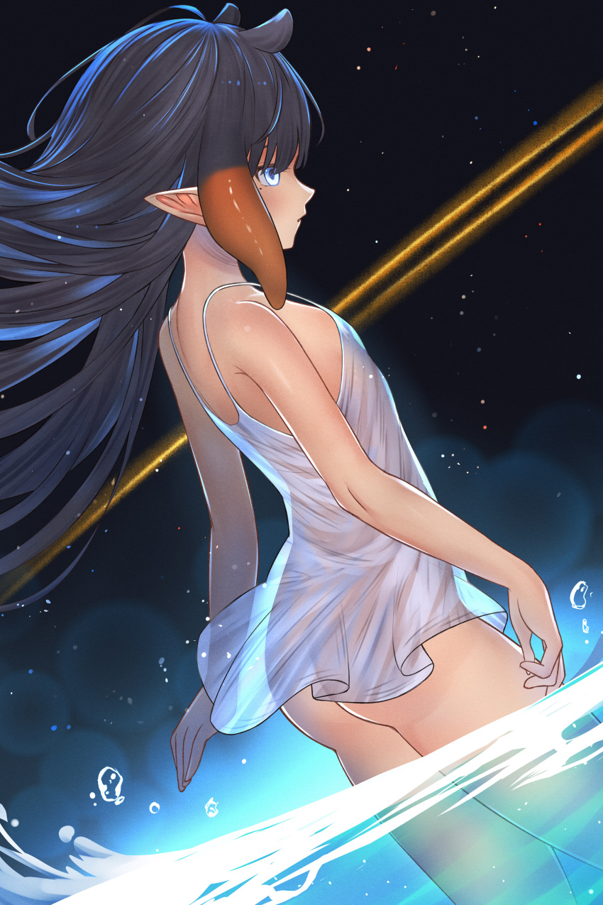 absurdres ass ass_visible_through_thighs black_background black_hair dress floating_hair gradient_hair highres hololive hololive_english honkivampy in_water long_hair looking_back multicolored_hair ninomae_ina'nis pointy_ears shooting_star sky star_(sky) starry_sky tentacle_hair white_dress