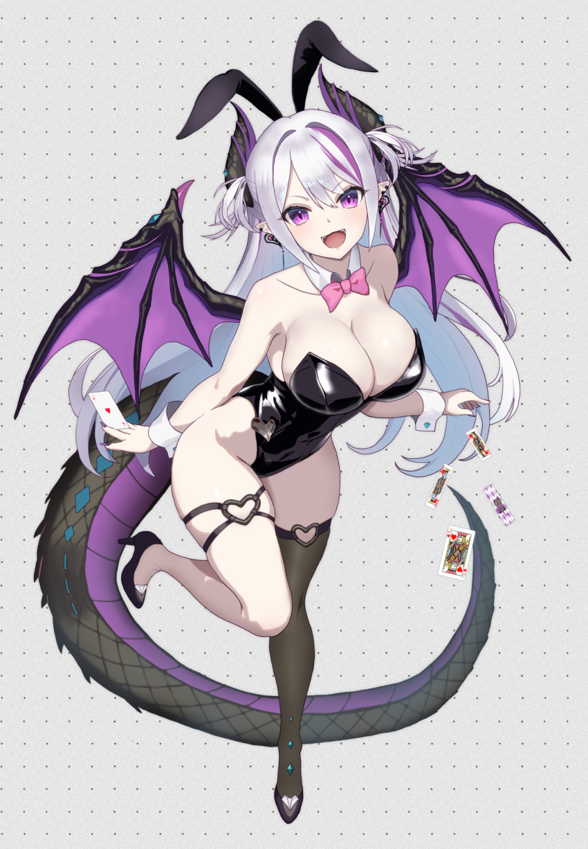 1girl animal_ears black_horns black_leotard blush card covered_navel curio_(curiofinity) demon_girl demon_horns demon_tail demon_wings detached_collar fake_animal_ears fake_tail high_heels highleg highleg_leotard highres horns leotard long_hair multicolored_hair open_mouth original playboy_bunny playing_card pointy_ears purple_eyes purple_hair rabbit_ears rabbit_tail single_thighhigh smile solo strapless strapless_leotard streaked_hair tail thigh_strap thighhighs white_hair wings wrist_cuffs