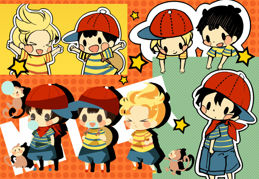 &gt;_&lt; 3boys arms_up backpack bag bandana baseball_cap black_hair blonde_hair blue_footwear blue_shorts blush_stickers brown_bag bubble_blowing bubble_monkey chewing_gum clenched_hand drop_shadow full_body hat hitofutarai looking_back lucas_(mother_3) mother_(game) mother_1 mother_2 mother_3 multiple_boys multiple_views ness_(mother_2) ninten open_mouth orange_footwear pac-man_eyes red_bandana red_footwear red_headwear red_socks salsa_(mother) shirt shorts sideways_hat smile socks solid_oval_eyes star_(symbol) striped_clothes striped_shirt white_socks