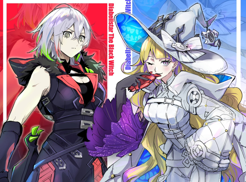 2girls blonde_hair breast_strap breasts cleavage colored_tips detached_sleeves diabellstar_the_black_witch diabellze_of_the_original_sin dress duel_monster eye_of_horus gloves green_eyes green_hair hat highres holding hood jewelry large_breasts long_hair looking_at_viewer medium_hair multicolored_hair multiple_girls pale_skin purple_eyes purple_hair shikiruru single_detached_sleeve single_glove single_sleeve streaked_hair white_dress witch yu-gi-oh!