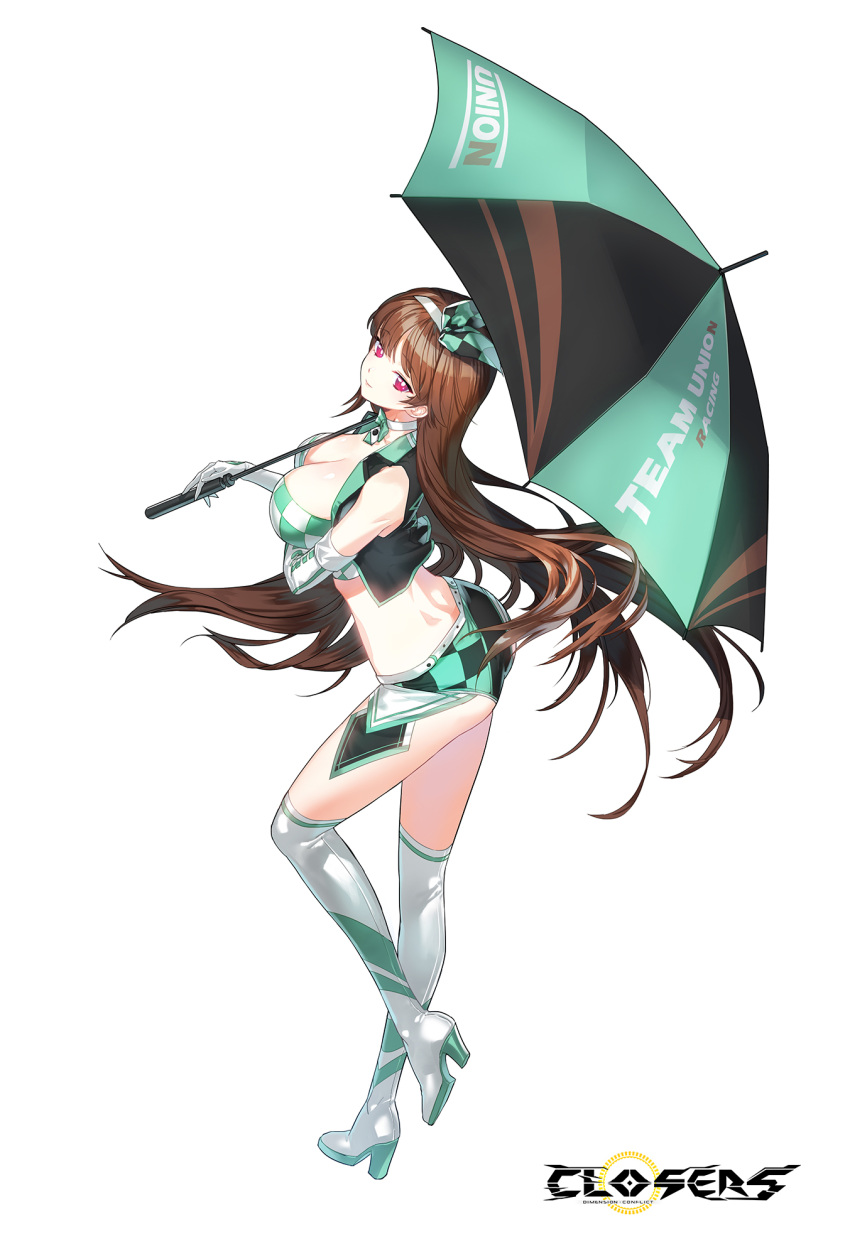 1girl :t ass bare_shoulders boots breasts brown_hair choker cleavage closers crop_top cropped_vest elbow_gloves full_body gloves high_heel_boots high_heels highres holding holding_umbrella large_breasts long_hair looking_at_viewer looking_back micro_shorts midriff mirae_(closers) non-web_source official_art open_clothes pout race_queen red_eyes shorts sleeveless solo thigh_boots thighhighs thighs umbrella very_long_hair vest