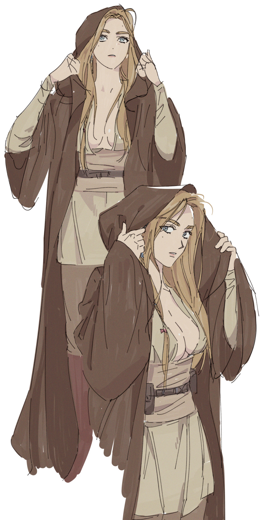 1girl absurdres belt blonde_hair blue_eyes breasts brown_cloak cleavage cloak commentary genderswap genderswap_(mtf) highres holding_hood hood hooded_cloak jedi kkulgae_(mary0205) multiple_views obi-wan_kenobi solo star_wars symbol-only_commentary