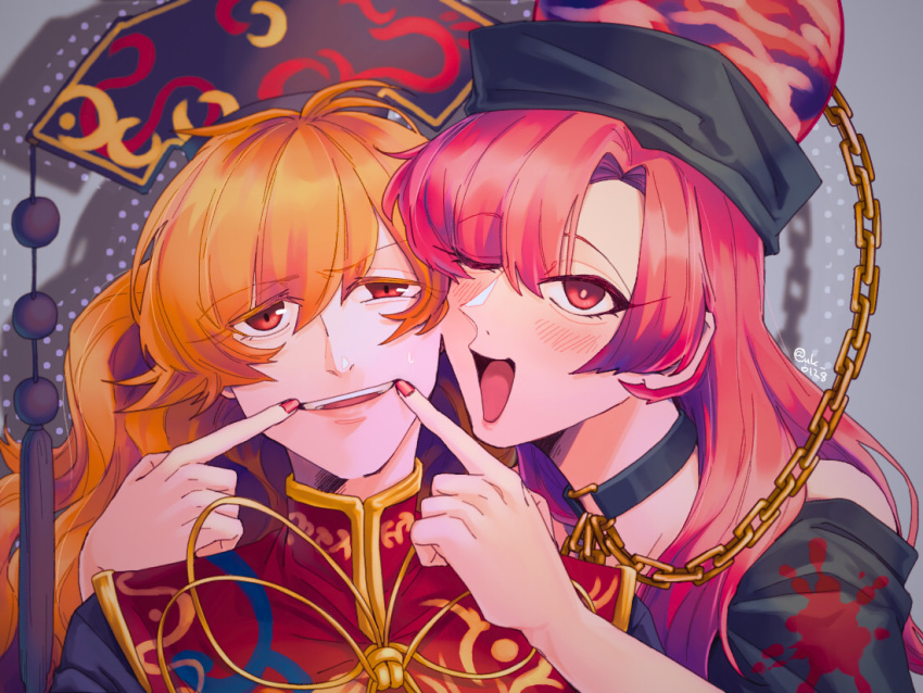 2girls :d black_shirt chain cheek-to-cheek chinese_clothes collar forced_smile gold_chain half-closed_eyes heads_together hecatia_lapislazuli junko_(touhou) long_hair multiple_girls off-shoulder_shirt off_shoulder one_eye_closed orange_hair phoenix_crown raya_(uk_0128) red_eyes red_hair red_nails shirt smile tabard touhou unamused upper_body