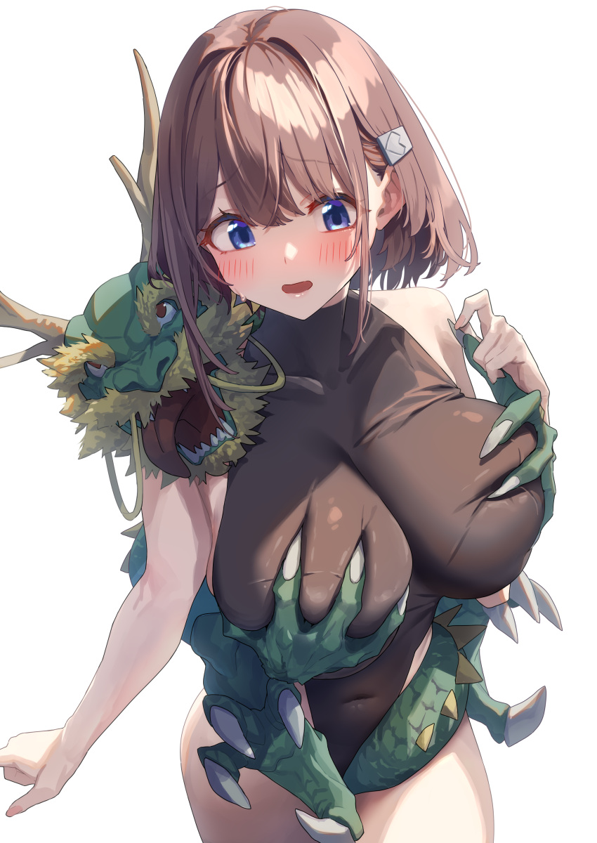 1girl absurdres baffu bare_shoulders blue_eyes blush breasts brown_hair collarbone dragon grabbing grabbing_another's_breast highres hitoyo_(baffu) large_breasts looking_at_viewer open_mouth original short_hair simple_background solo white_background