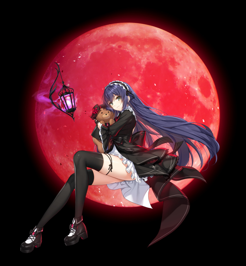 1girl black_background black_dress black_footwear black_thighhighs closed_mouth closers dress eunha_(closers) frilled_dress frills green_eyes headdress highres hugging_doll hugging_object long_hair long_sleeves looking_at_viewer moon non-web_source official_art purple_hair red_moon shoes smile solo stuffed_animal stuffed_toy teddy_bear thighhighs thighs very_long_hair wide_sleeves