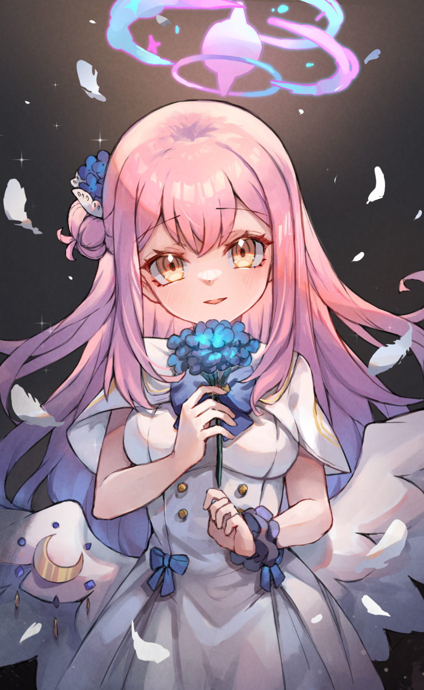 1girl angel_wings blue_archive blue_flower blush breasts capelet dress feathered_wings flower hair_bun hair_flower hair_ornament halo highres holding holding_flower long_hair looking_at_viewer medium_breasts mika_(blue_archive) miya_(miyaruta) open_mouth pink_hair pink_halo purple_flower purple_scrunchie scrunchie single_side_bun solo white_capelet white_dress white_wings wings wrist_scrunchie yellow_eyes