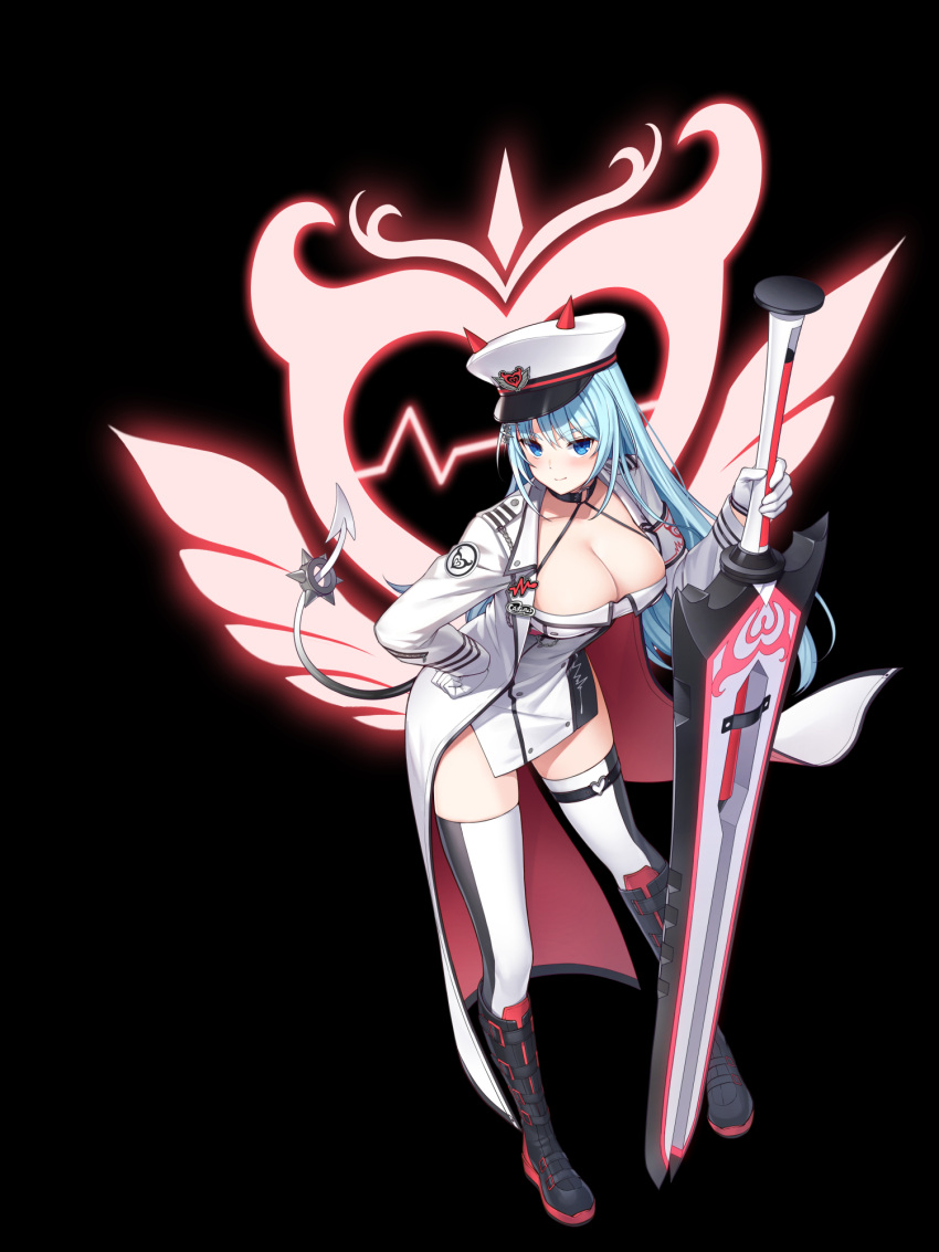 1girl aqua_hair black_choker black_footwear blue_eyes blush boots breasts choker cleavage closed_mouth closers coat demon_horns demon_tail dress fake_horns fake_tail gloves greatsword halterneck hand_on_own_hip hat highres holding holding_sword holding_weapon horns knee_boots large_breasts leaning_forward long_hair long_sleeves looking_at_viewer non-web_source official_art open_clothes open_coat peaked_cap pelvic_curtain short_dress sleeveless sleeveless_dress smile solo spaghetti_strap sword tail thigh_strap thighhighs thighs very_long_hair violet_(closers) weapon white_coat white_dress white_gloves white_headwear white_thighhighs wing_collar zettai_ryouiki
