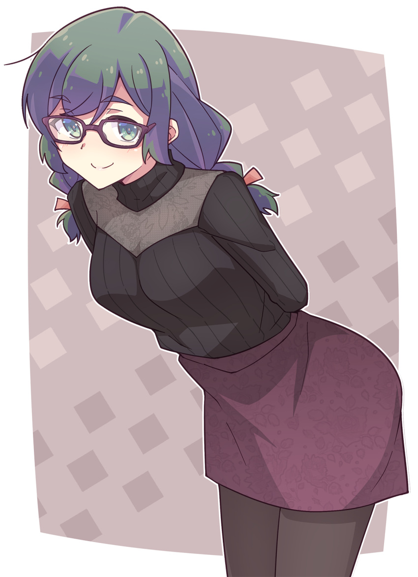 1girl arms_behind_back black_pantyhose black_sweater braid breasts brown-framed_eyewear brown_skirt closed_mouth e20 glasses green_hair hair_between_eyes highres leaning_forward long_hair looking_at_viewer low_twintails medium_breasts multicolored_hair original pantyhose purple_hair ribbed_sweater skirt smile solo sweater thick_eyebrows twin_braids twintails two-tone_hair