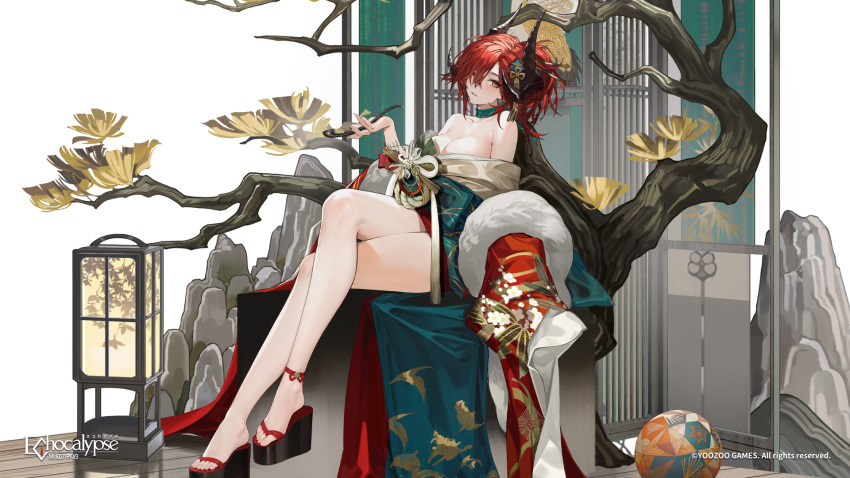 1girl artist_request ball bare_legs black_horns blue_bow bow breasts collarbone copyright_notice crossed_legs echocalypse floral_print flower_knot hair_between_eyes highres holding holding_smoking_pipe horns japanese_clothes kimono large_breasts logo mordred_(echocalypse) off_shoulder official_art okobo orange_eyes platform_footwear red_hair red_kimono rock sandals second-party_source smoking_pipe solo tree wide_sleeves wooden_floor
