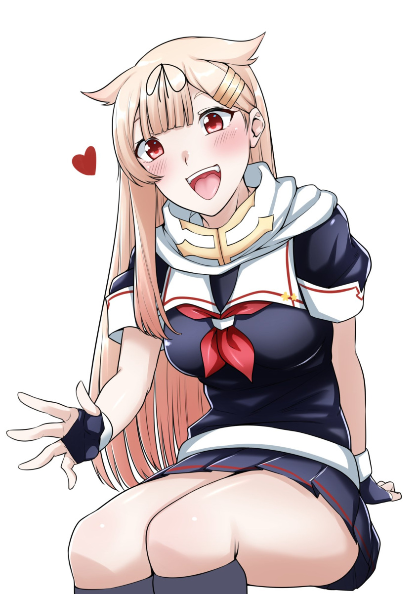 1girl black_ribbon black_serafuku black_shirt black_skirt black_socks blonde_hair commentary hair_flaps hair_ornament hair_ribbon hairclip heart highres invisible_chair kantai_collection neckerchief open_mouth red_eyes red_neckerchief ribbon rikkii_(likito_yuzu_is) sailor_collar sailor_shirt scarf school_uniform serafuku shirt simple_background sitting skirt smile socks solo teeth upper_teeth_only white_background white_sailor_collar white_scarf yuudachi_(kancolle) yuudachi_kai_ni_(kancolle)