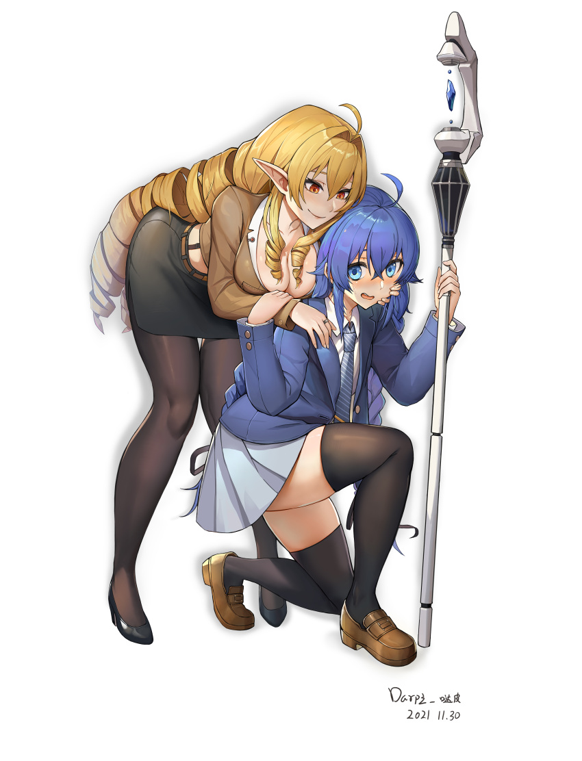 2girls absurdres ahoge alternate_universe bent_over black_footwear black_skirt black_thighhighs blonde_hair blue_hair blue_jacket blue_skirt blush breasts brown_footwear cleavage collared_shirt contemporary darpi dated diagonal-striped_clothes diagonal-striped_necktie drill_hair elf elinalise_dragonroad eyebrows_hidden_by_hair flat_chest full_body groping hair_between_eyes hand_on_another's_cheek hand_on_another's_face high_heels highres holding holding_another's_wrist holding_staff jacket jewelry kneeling large_breasts lipstick long_bangs long_hair looking_at_another mage_staff makeup multiple_girls mushoku_tensei necktie nose_blush pleated_skirt pointy_ears red_eyes ring roxy_migurdia school_uniform shirt short_hair signature simple_background skirt smile staff striped_clothes teacher thighhighs twin_drills wavy_mouth white_background white_shirt yuri zettai_ryouiki