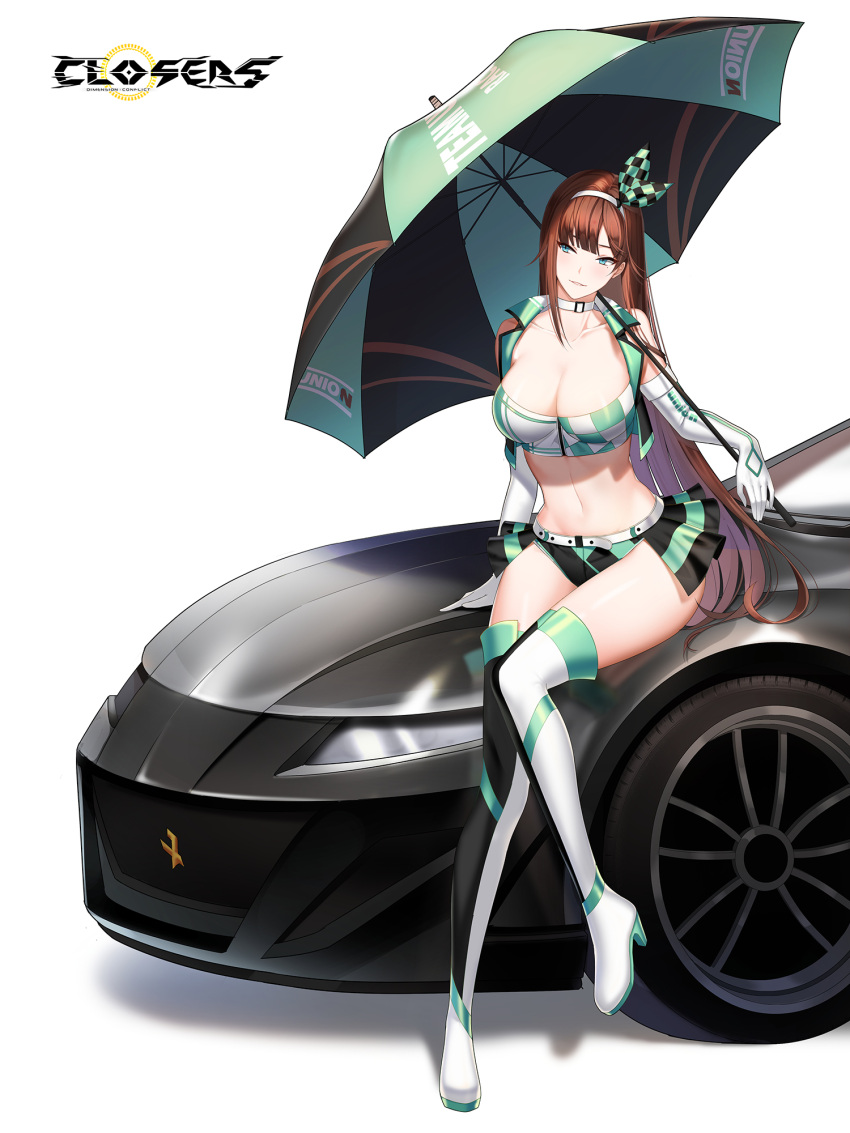1girl alternate_color arm_support bare_shoulders belt boots breasts brown_hair car choker cleavage closers collarbone crop_top cropped_vest elbow_gloves full_body gloves green_eyes hairband harpy_(closers) high_heel_boots high_heels highres holding holding_umbrella large_breasts long_hair looking_to_the_side midriff miniskirt motor_vehicle navel non-web_source official_art on_vehicle open_clothes parted_lips race_queen showgirl_skirt sitting sitting_on_car skirt sleeveless smile solo stomach thigh_boots thighhighs thighs umbrella very_long_hair vest