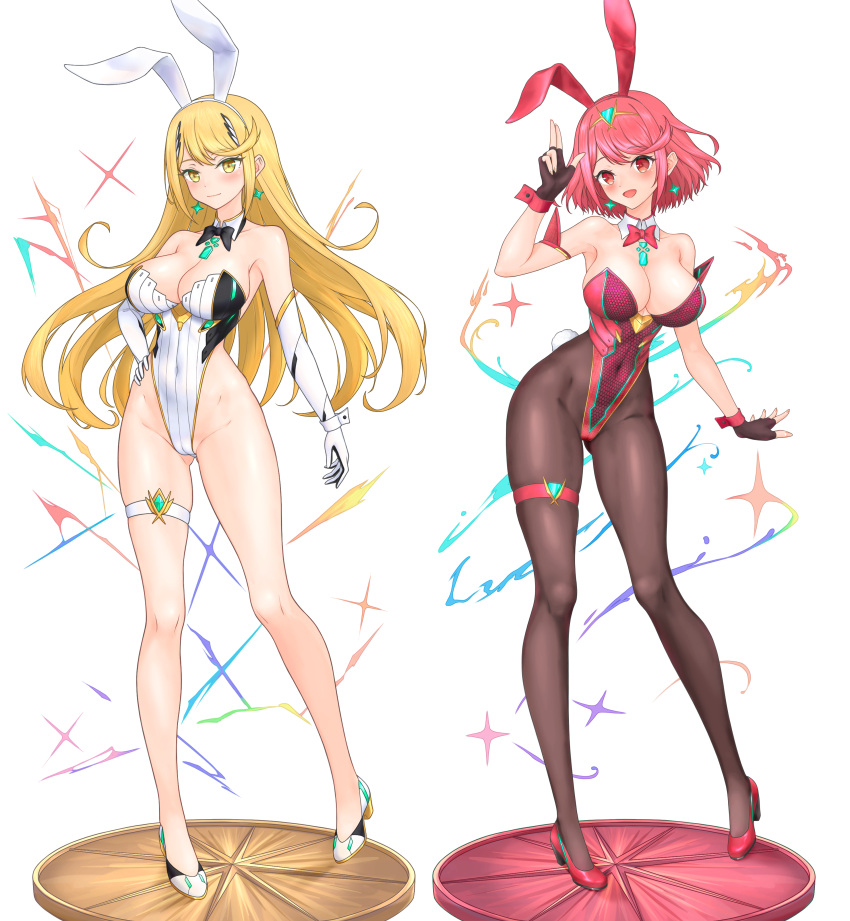 2girls absurdres adapted_costume animal_ears ass_visible_through_thighs bare_shoulders black_bow black_bowtie black_pantyhose blonde_hair blush bow bowtie breasts cleavage core_crystal_(xenoblade) covered_navel detached_collar drop_earrings earrings feichu_keju fingerless_gloves gloves high_heels highleg highleg_leotard highleg_swimsuit highres jewelry large_breasts legs leotard long_hair long_legs looking_at_viewer multicolored_footwear multiple_girls mythra_(xenoblade) pantyhose playboy_bunny pyra_(xenoblade) rabbit_ears rabbit_tail red_bow red_bowtie red_eyes red_hair ribbed_swimsuit short_hair skindentation strapless strapless_leotard swept_bangs swimsuit tail thigh_strap tiara very_long_hair wrist_cuffs xenoblade_chronicles_(series) xenoblade_chronicles_2 yellow_eyes