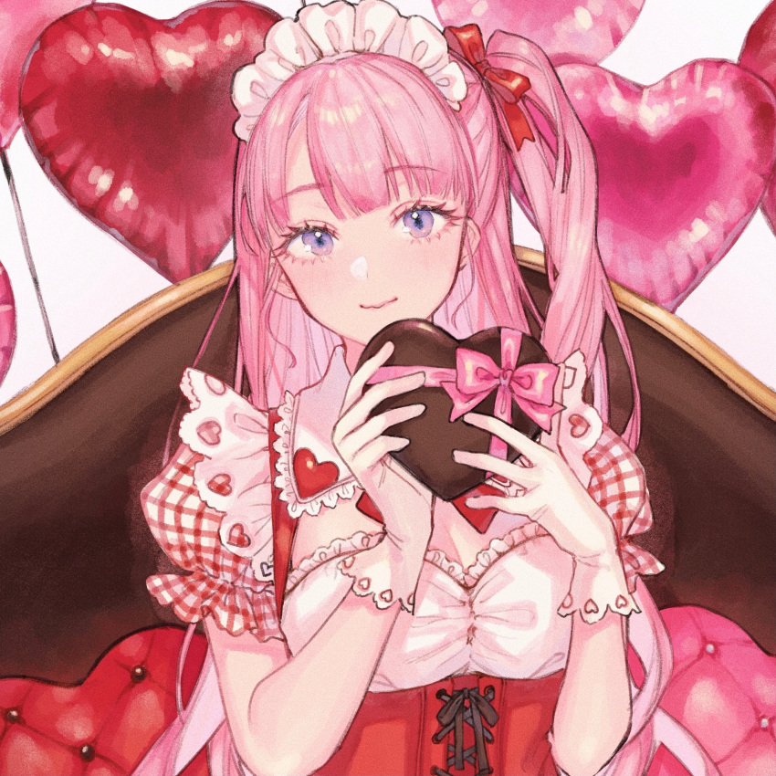 1girl asymmetrical_bangs balloon bow bowtie breasts candy chocolate cleavage cleavage_cutout closed_mouth clothing_cutout collar couch cross-laced_clothes detached_collar english_commentary eyelashes food frilled_collar frilled_hairband frilled_shirt frilled_sleeves frills gift gloves hairband hands_up heart heart-shaped_chocolate heart_balloon highres holding holding_chocolate holding_food holding_gift large_breasts long_hair looking_at_viewer maid_headdress one_side_up original pink_hair puffy_short_sleeves puffy_sleeves purple_eyes shirt short_sleeves smile solo straight_hair underbust uni_(melm) upper_body valentine white_collar white_gloves white_hairband white_shirt
