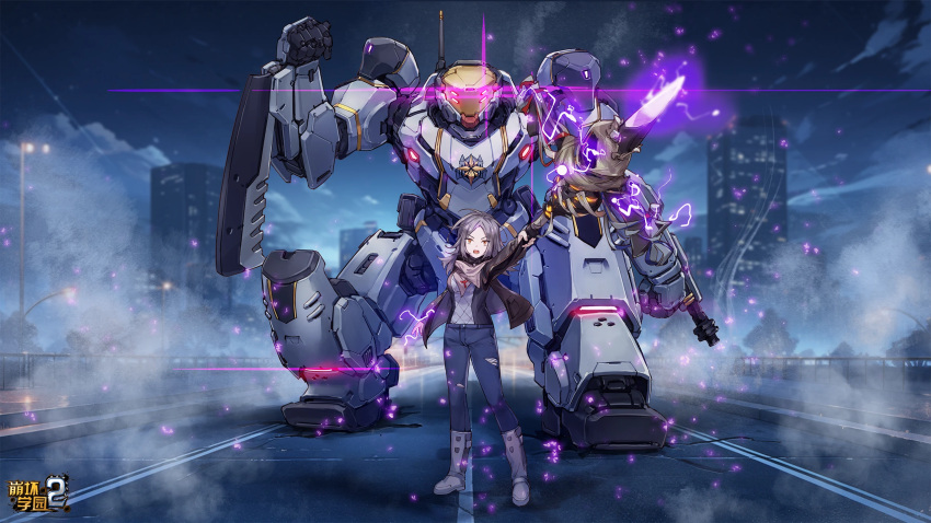 1girl benghuai_xueyuan building character_request city copyright_name glowing glowing_eyes glowing_weapon grey_hair highres holding holding_polearm holding_weapon honkai_(series) mecha night official_art orange_eyes polearm road robot second-party_source skyscraper spear weapon