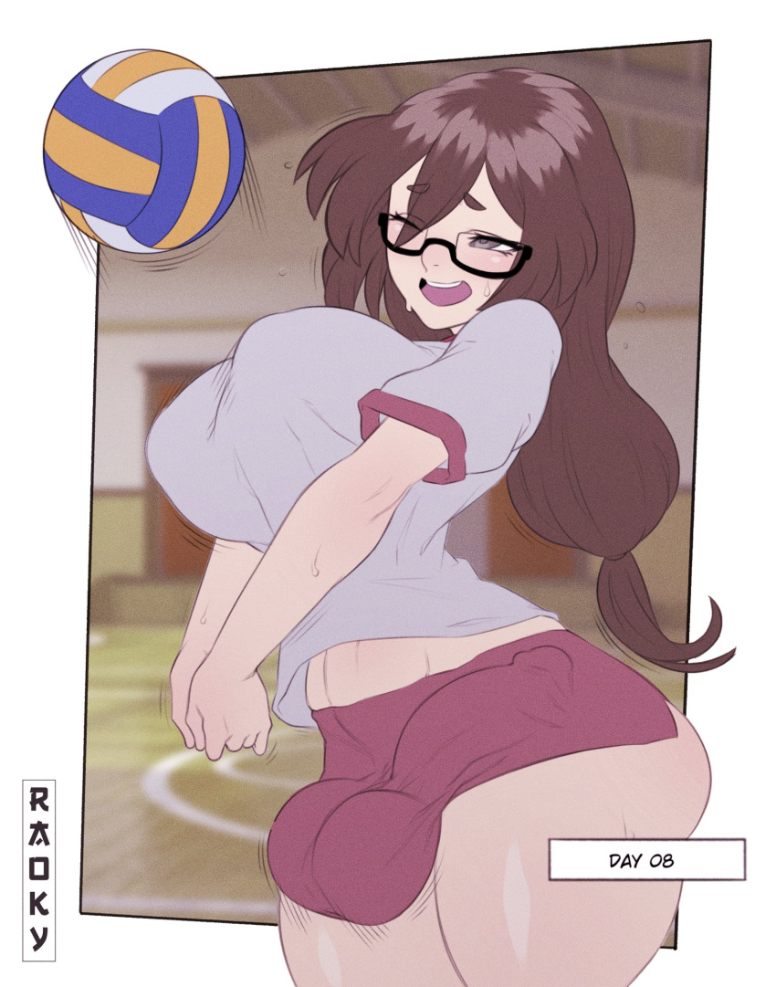 2022 blush breasts brown_hair bulge buruma english_text erection erection_under_clothes futanari glasses hair_between_eyes highres hiroko_(raoky) large_breasts large_penis long_hair no_nut_november original penis raoky solo standing tagme testicles volleyball