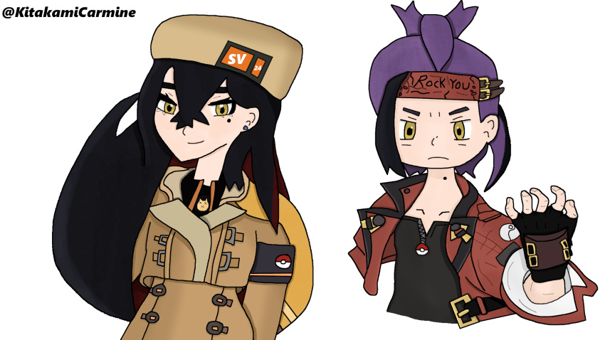 black_hair carmine_(pokemon) coat commentary english_commentary guilty_gear guilty_gear_strive hand_up hat highres jacket kieran_(pokemon) kitakamicarmine millia_rage non-web_source pokemon pokemon_sv ponytail purple_hair scarf self-upload sol_badguy twitter_username yellow_eyes