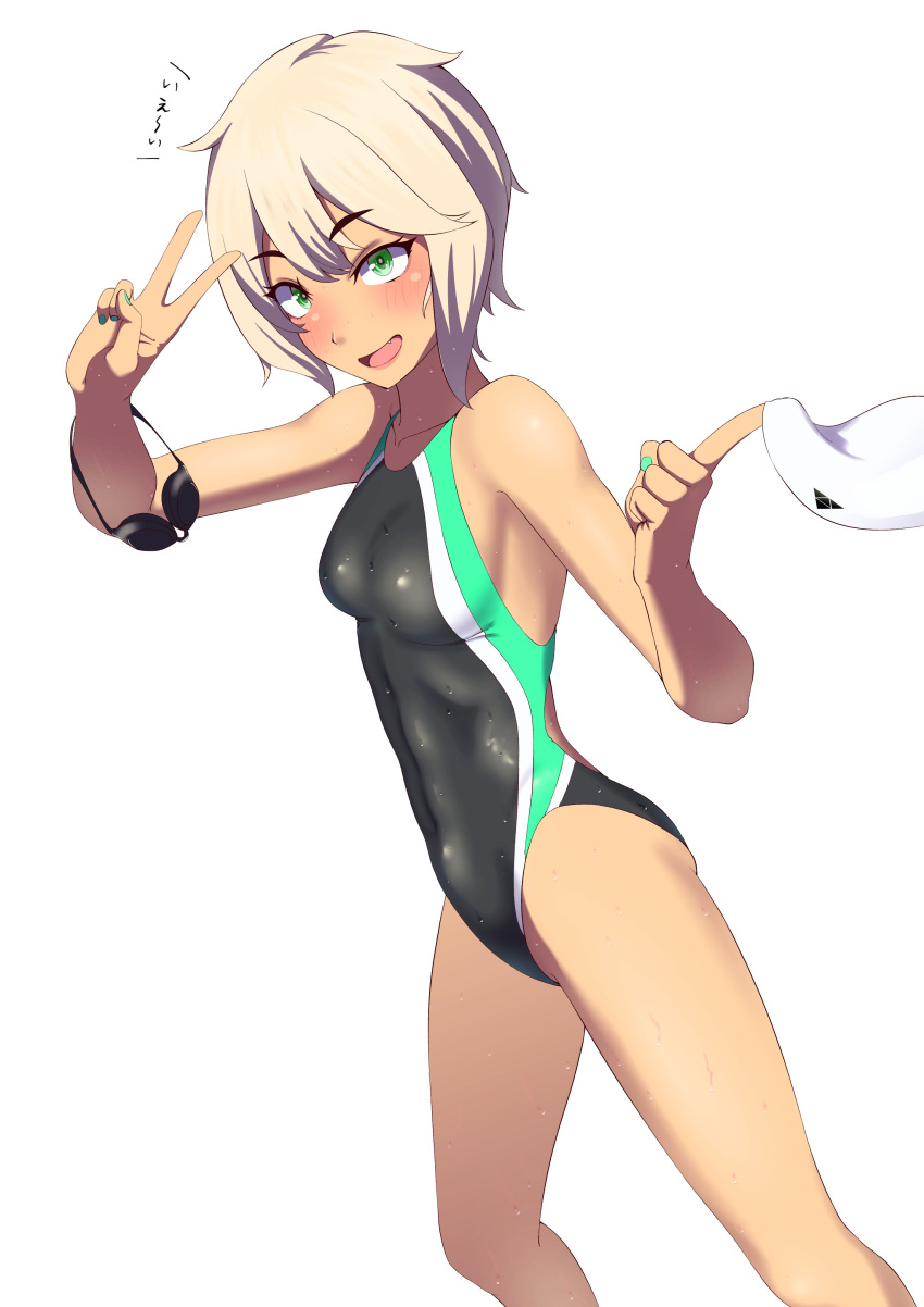 1girl absurdres black_one-piece_swimsuit breasts commentary_request competition_swimsuit feet_out_of_frame goggles green_eyes highleg highleg_swimsuit highres m0nsoo00n multicolored_clothes multicolored_swimsuit one-piece_swimsuit original short_hair simple_background small_breasts smile solo swimsuit tan unworn_goggles unworn_swim_cap v white_background white_hair