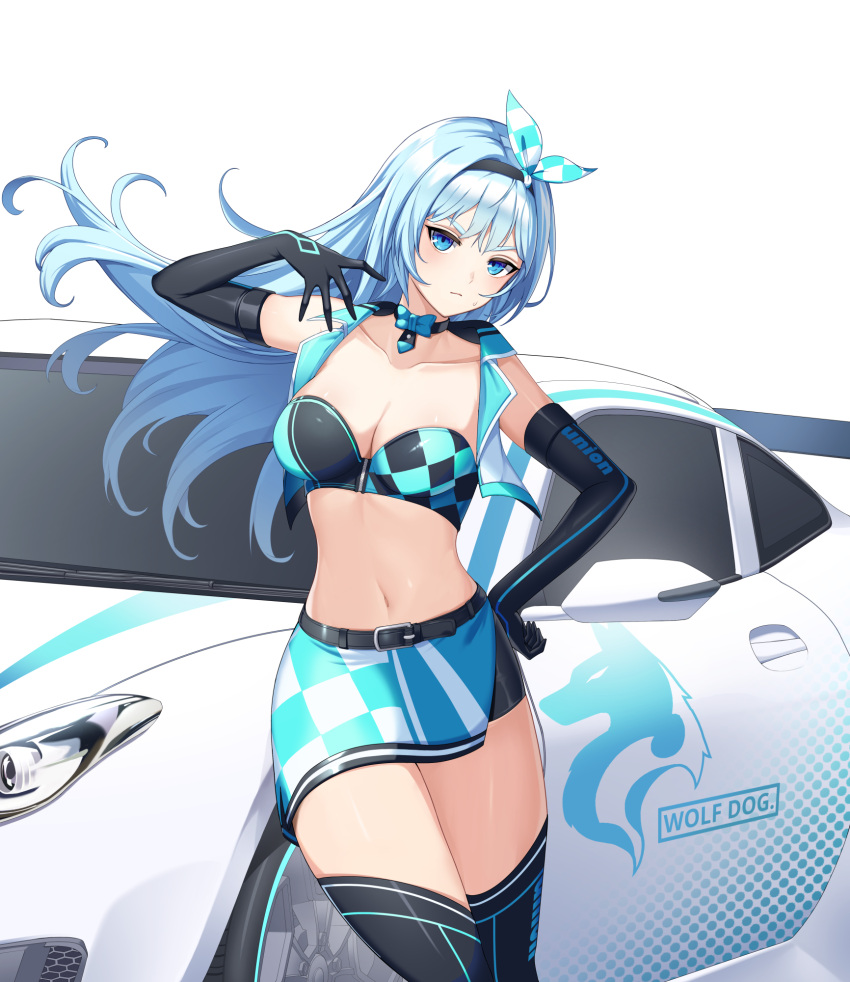 1girl arm_up bandeau bare_shoulders black_gloves black_shirt black_thighhighs blue_eyes blue_hair blue_skirt bow bowtie breasts car choker cleavage closed_mouth closers cowboy_shot crop_top cropped_vest elbow_gloves floating_hair frown gloves hairband highres large_breasts long_hair looking_at_viewer midriff miniskirt motor_vehicle navel non-web_source official_art open_clothes open_vest race_queen race_vehicle racecar shirt side_slit skirt solo standing stomach strapless thighhighs thighs tube_top v-shaped_eyebrows vest violet_(closers) white_vest wing_collar zettai_ryouiki