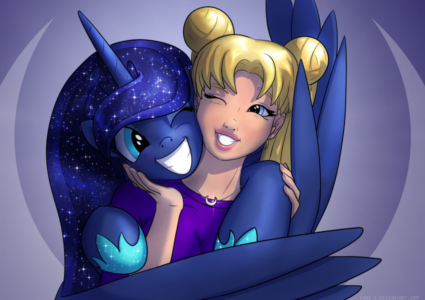 1girl bangs bishoujo_senshi_sailor_moon blonde_hair blue_eyes blue_hair crescent crossover double_bun foxi-5 hand_on_another's_cheek hand_on_another's_face highres horn hug hug_from_behind jewelry luna_(my_little_pony) my_little_pony my_little_pony_friendship_is_magic one_eye_closed parted_bangs pegasus pendant pony purple_background purple_shirt shirt smile trait_connection tsukino_usagi twintails unicorn upper_body wings