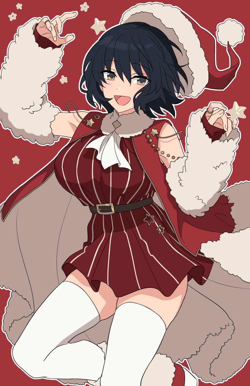 1girl :d absurdres arm_warmers ascot bad_link belt black_hair boots chorefuji commentary_request dress fur-trimmed_boots fur_trim happy hat highres jewelry medium_hair open_mouth original outline red_background red_dress red_footwear red_headwear ring santa_hat sleeveless smile solo star_(symbol) thighhighs tongue white_ascot white_thighhighs