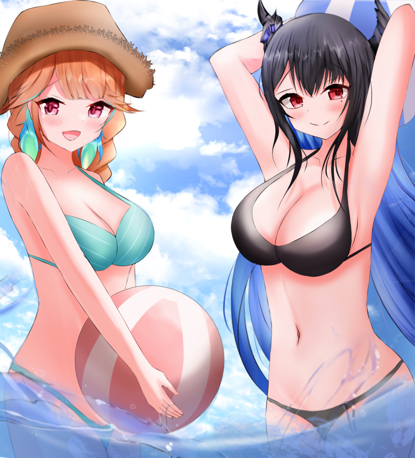 2girls aqua_bikini asymmetrical_horns ball beachball bikini black_bikini blush braid breasts brown_headwear cleavage closed_mouth demon_horns earrings feather_earrings feathers hat highres holding holding_ball holding_beachball hololive hololive_english horns jewelry kai-yo long_hair looking_at_viewer mole mole_under_eye multiple_girls navel nerissa_ravencroft official_alternate_costume open_mouth orange_hair purple_eyes red_eyes smile swimsuit takanashi_kiara takanashi_kiara_(casual) twin_braids virtual_youtuber wading water