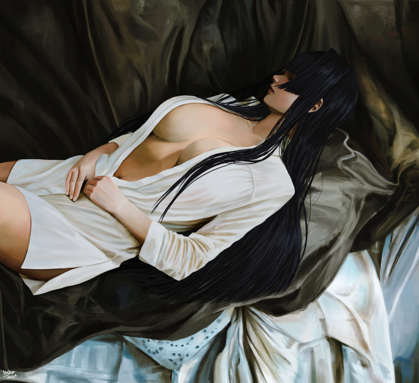 1girl black_hair breasts closed_eyes collared_shirt dress_shirt highres hololive hololive_english large_breasts lipstick long_hair long_sleeves lying makeup naked_shirt navel no_bra no_pants on_back ouro_kronii parted_lips partially_unbuttoned profile red_lips shirt sleeping sleeves_pushed_up solo steb virtual_youtuber white_shirt