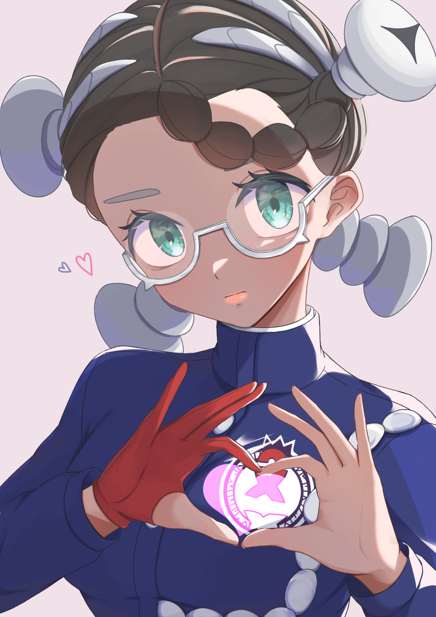 1girl absurdres amarys_(pokemon) blue_jacket buttons closed_mouth commentary_request eyelashes glasses gloves green_eyes hands_up head_tilt heart heart_hands highres jacket long_sleeves looking_at_viewer mochitaro_(mothitaroo) pokemon pokemon_sv red_gloves semi-rimless_eyewear short_hair single_glove solo upper_body