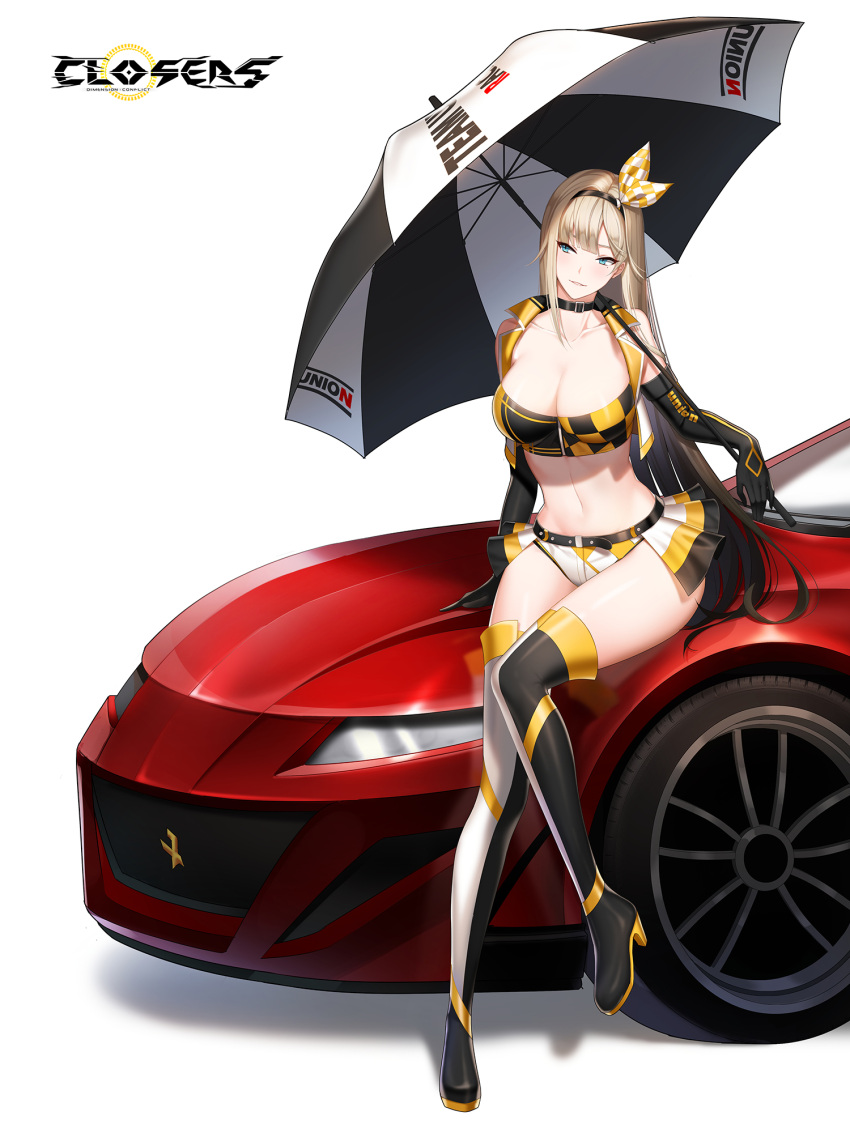 1girl alternate_color arm_support bare_shoulders belt black_choker black_hair boots breasts brown_hair car choker cleavage closers collarbone crop_top cropped_vest elbow_gloves full_body gloves gradient_hair green_eyes hairband harpy_(closers) high_heel_boots high_heels highres holding holding_umbrella large_breasts long_hair looking_to_the_side midriff miniskirt motor_vehicle multicolored_hair navel non-web_source official_art on_vehicle open_clothes parted_lips race_queen showgirl_skirt sitting sitting_on_car skirt sleeveless smile solo stomach thigh_boots thighhighs thighs two-tone_hair umbrella very_long_hair vest
