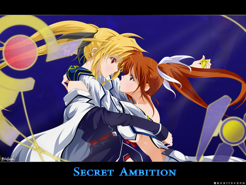 bardiche blonde_hair fate_testarossa highres hug lyrical_nanoha magical_girl mahou_shoujo_lyrical_nanoha miko_embrace multiple_girls parody raising_heart solwyvern takamachi_nanoha twintails yuri