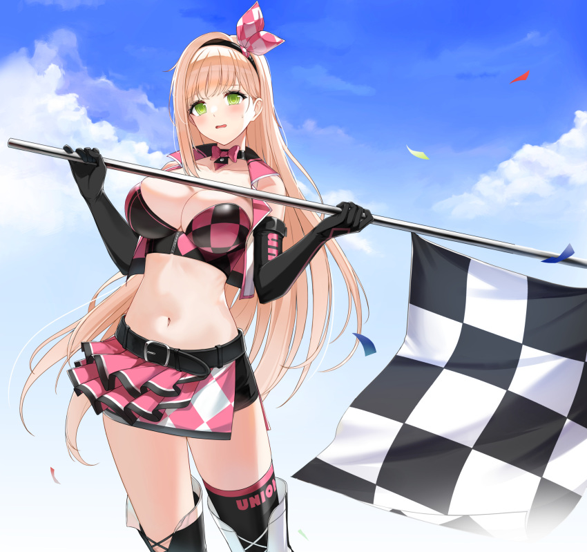 1girl bare_shoulders belt black_choker black_gloves black_shirt black_thighhighs blonde_hair boots bow bowtie breasts checkered_flag choker cleavage closers cloud collarbone cowboy_shot crop_top cropped_vest elbow_gloves flag frown gloves green_eyes hairband hands_up highres holding holding_flag large_breasts long_hair looking_at_viewer midriff miniskirt navel non-web_source official_art open_clothes open_mouth open_vest outdoors pink_skirt race_queen shirt side_slit skindentation skirt sleeveless sleeveless_shirt solo soma_(closers) standing stomach sweatdrop thigh_boots thighhighs thighs very_long_hair vest zettai_ryouiki