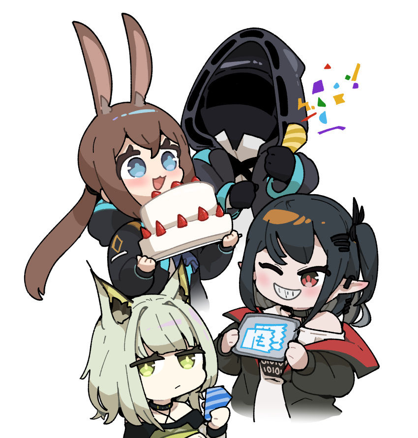 1other 3girls absurdres amiya_(arknights) animal_ears arknights black_hair blue_eyes brown_hair cake cat_ears cat_girl character_request confetti doctor_(arknights) food green_eyes highres ingsae kal'tsit_(arknights) multiple_girls one_eye_closed open_mouth pointy_ears rabbit_girl simple_background smile vampire white_background