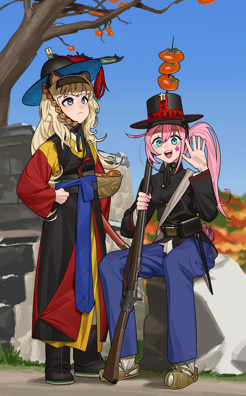 1girl 2girls absurdres antique_firearm beonggeoji blonde_hair blue_eyes firelock flintlock gun highres holding holding_gun holding_weapon joseon_dynasty korea looking_afar looking_at_viewer military multiple_girls on_rock pink_hair pzkpfwi rifle rock seeu sitting sitting_on_rock standing star_(symbol) tomato tree under_night_in-birth uni_(vocaloid) waving weapon