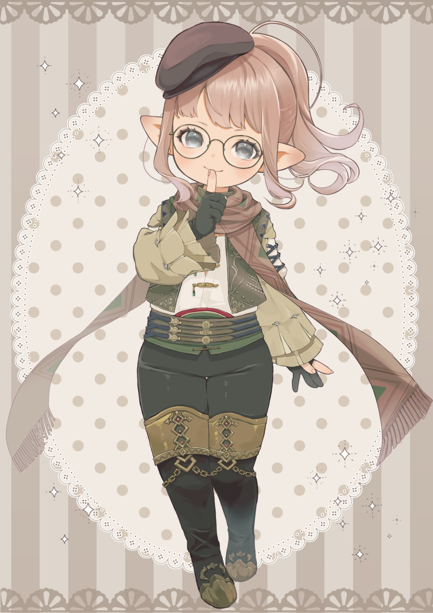 1girl absurdres belt beret brown_hair brown_scarf chii_(pixiv20756878) final_fantasy final_fantasy_xiv finger_to_mouth flat_chest full_body glasses gloves green_headwear green_jacket green_pants green_vest grey_eyes hat head_tilt highres jacket long_bangs looking_at_viewer medium_hair multiple_belts nail_polish pants partially_fingerless_gloves pointy_ears polka_dot polka_dot_background ponytail scarf shirt shushing solo striped_background thick_eyelashes vest warrior_of_light_(ff14) white_shirt