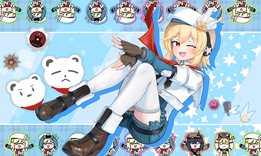 absurdres ahoge arms_up beret black_neckerchief blonde_hair blue_hair blue_jumpsuit boots breasts brown_footwear brown_gloves brown_headwear brown_jacket chibi chibi_inset closed_eyes colored_shadow drop_shadow fang fur_hat girls'_frontline girls'_frontline_2:_exilium gloves hands_up hat hat_feather headphones highres jacket jumpsuit long_sleeves looking_at_viewer mosin-nagant_(girls'_frontline) nagant_revolver_(girls'_frontline) neckerchief one_eye_closed open_clothes open_jacket red_eyes red_scarf scarf shadow shenqi_xiaohuang short_jumpsuit short_sleeves sitting small_breasts smile solo_focus stechkin_(girls'_frontline) teeth thighhighs two-tone_jumpsuit upper_teeth_only ushanka white_headwear white_jacket white_thighhighs