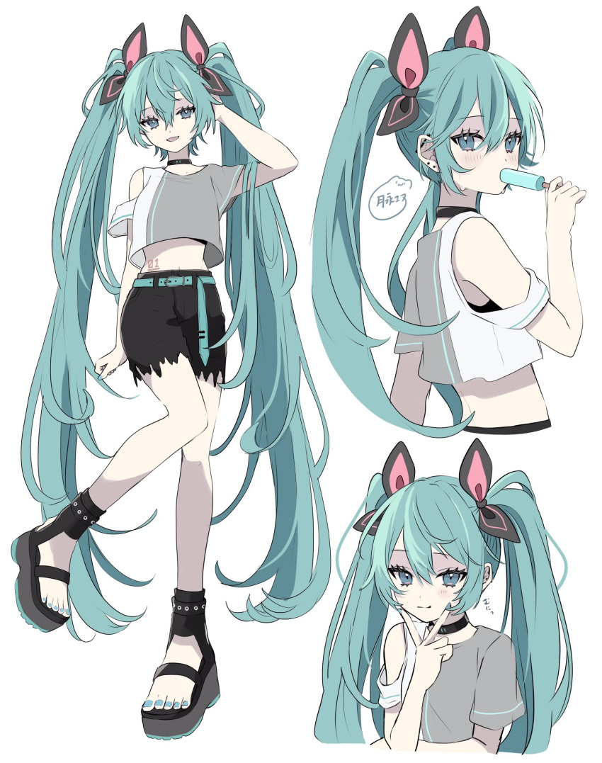 1girl :d arm_at_side bare_shoulders belt black_bow black_choker black_footwear black_shorts blue_belt blue_eyes blue_hair blue_nails bow choker closed_mouth clothing_cutout cropped_shirt dot_nose eating food grey_shirt hair_between_eyes hair_bow hand_in_own_hair hatsune_miku head_tilt highres holding holding_food holding_popsicle long_hair looking_at_viewer midriff multiple_views naguno-0713 nail_polish number_tattoo open_mouth popsicle red_bow sandals shirt shorts shoulder_cutout sidelocks simple_background smile smirk tattoo toenail_polish toenails torn_clothes torn_shorts twintails two-tone_bow v_over_mouth very_long_hair vocaloid white_background