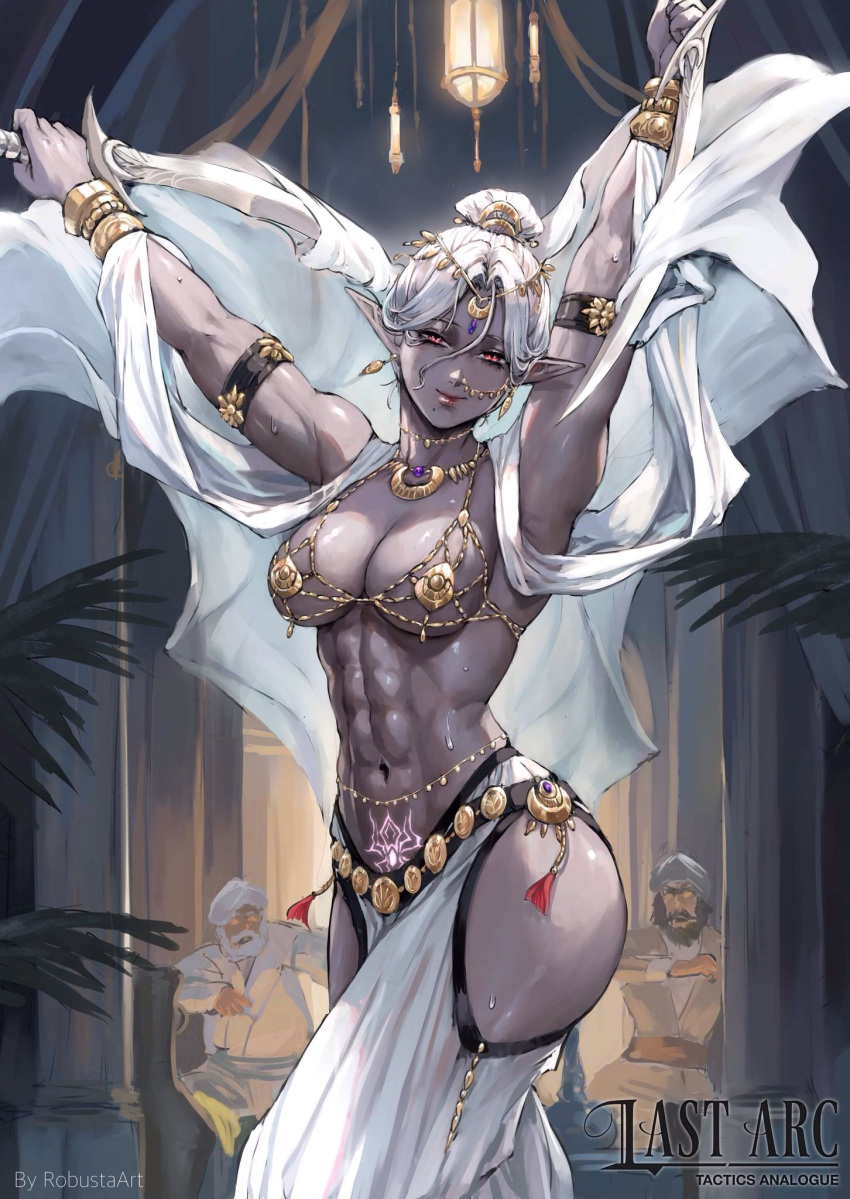 1girl 2boys abs armband beard belly_dancing belt bikini bracelet colored_skin dark_elf earrings elf facial_hair grey_hair grey_skin highres jewelry mole mole_under_mouth multiple_boys muscular muscular_female necklace original pillar pointy_ears pubic_tattoo red_eyes robusta_mania smile sweat swimsuit sword tattoo toned turban weapon white_hair